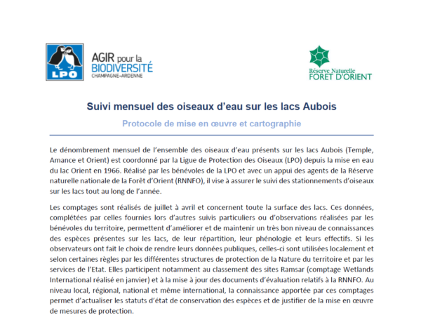 Suivi mensuel des oiseaux d’eau sur les lacs Aubois – Protocole de mise en oeuvre et cartographie